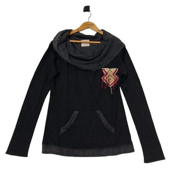 Gypsy 05 Cowl Neck Pullover Sweater Size M Gray Embellished Aztec Long Sleeve - Picture 1 of 9